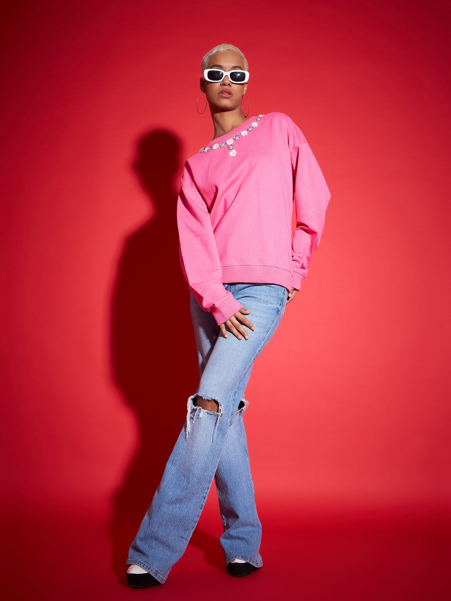Pink Terry Neck Sequin Embellished Oversized Sweatshirt