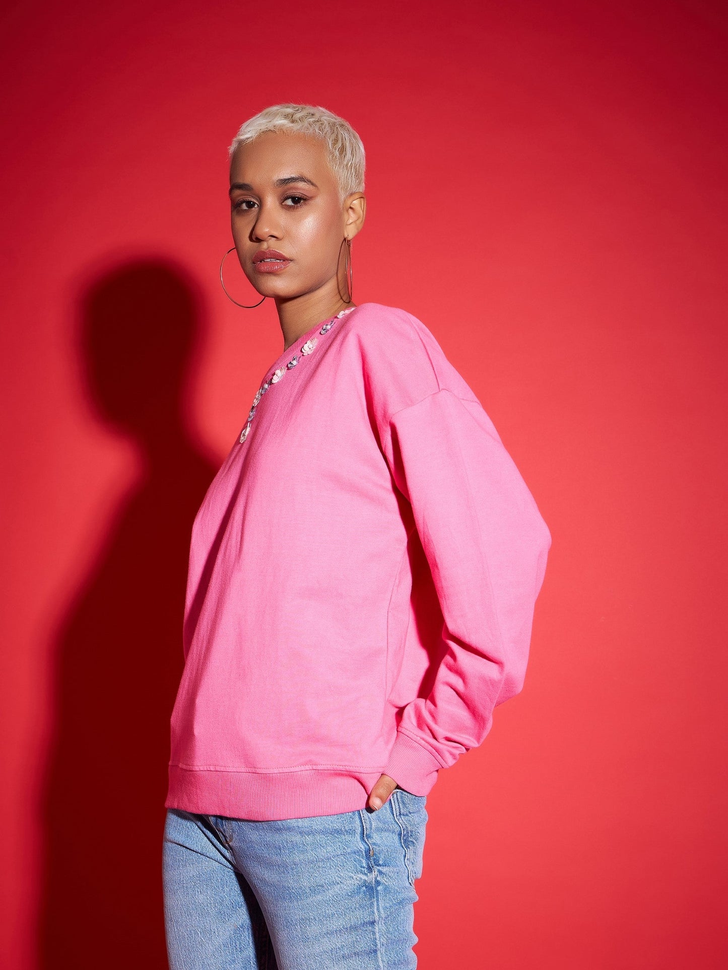 Pink Terry Neck Sequin Embellished Oversized Sweatshirt