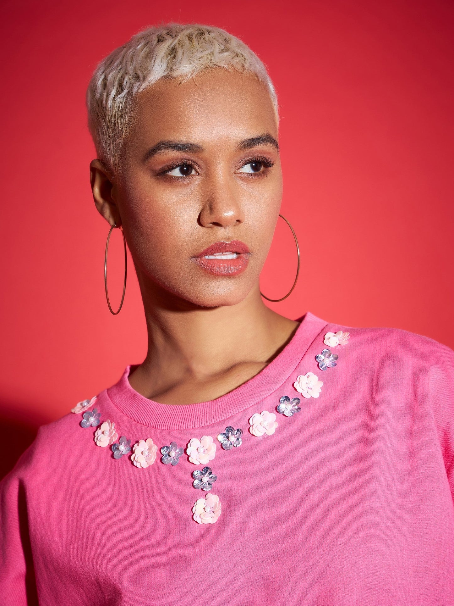 Pink Terry Neck Sequin Embellished Oversized Sweatshirt