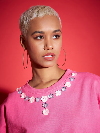 Pink Terry Neck Sequin Embellished Oversized Sweatshirt