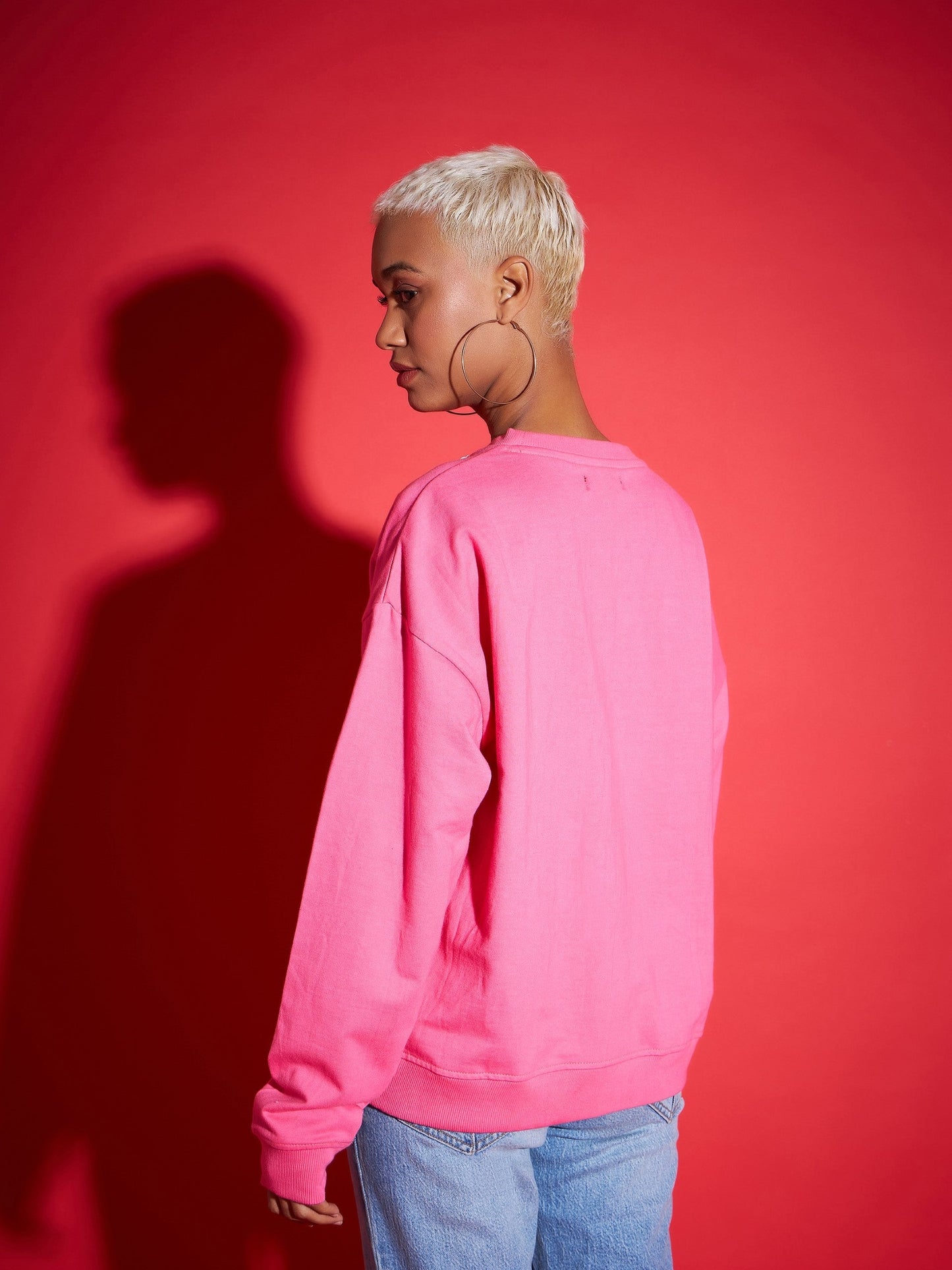 Pink Terry Neck Sequin Embellished Oversized Sweatshirt