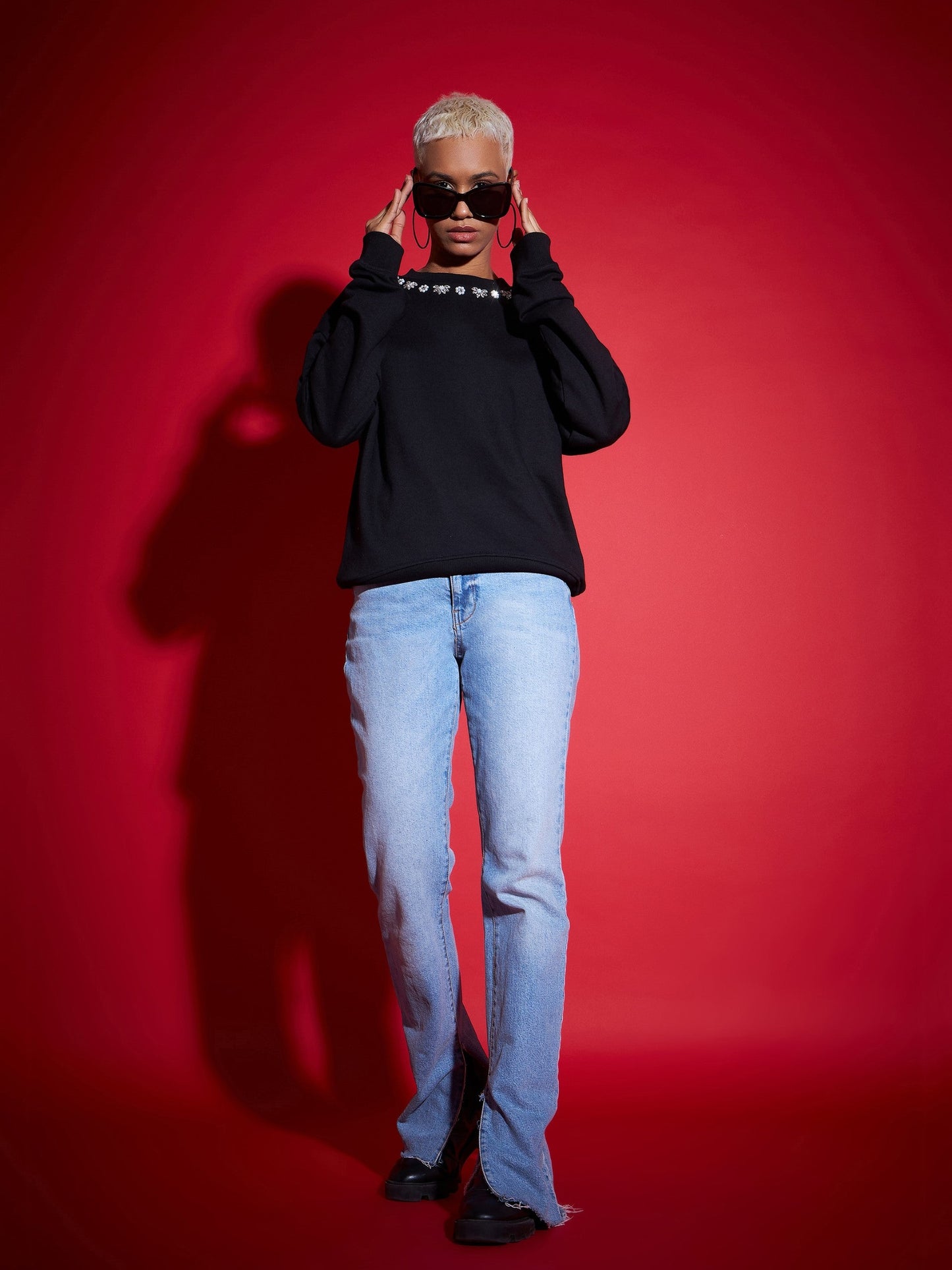 Black Terry Stud Pearl Oversized Sweatshirt