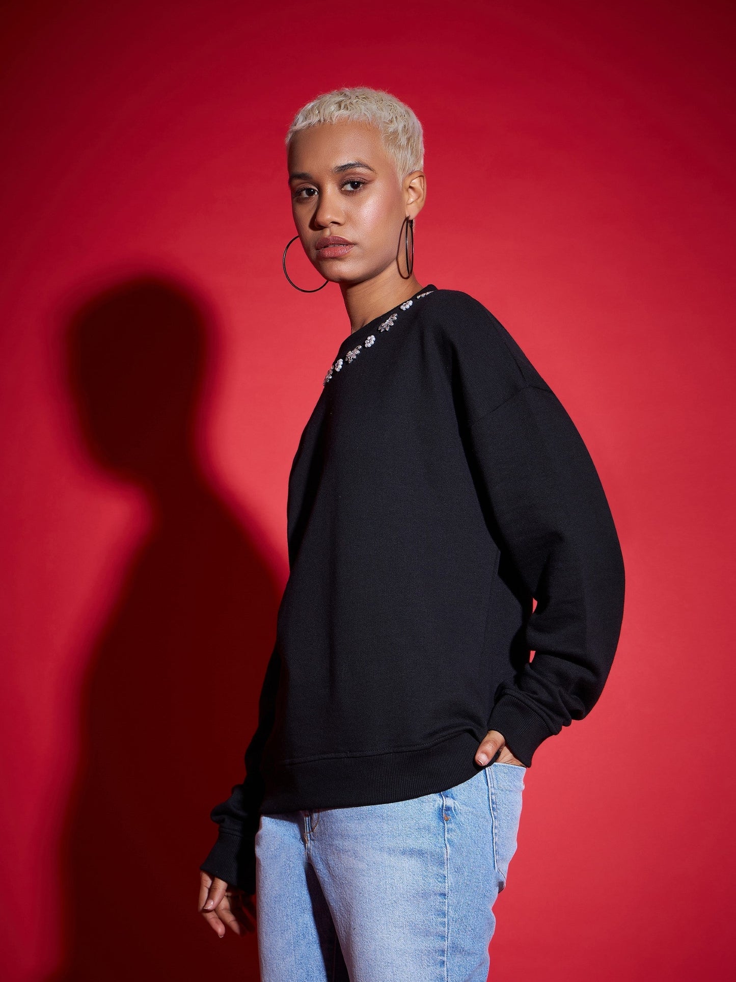 Black Terry Stud Pearl Oversized Sweatshirt