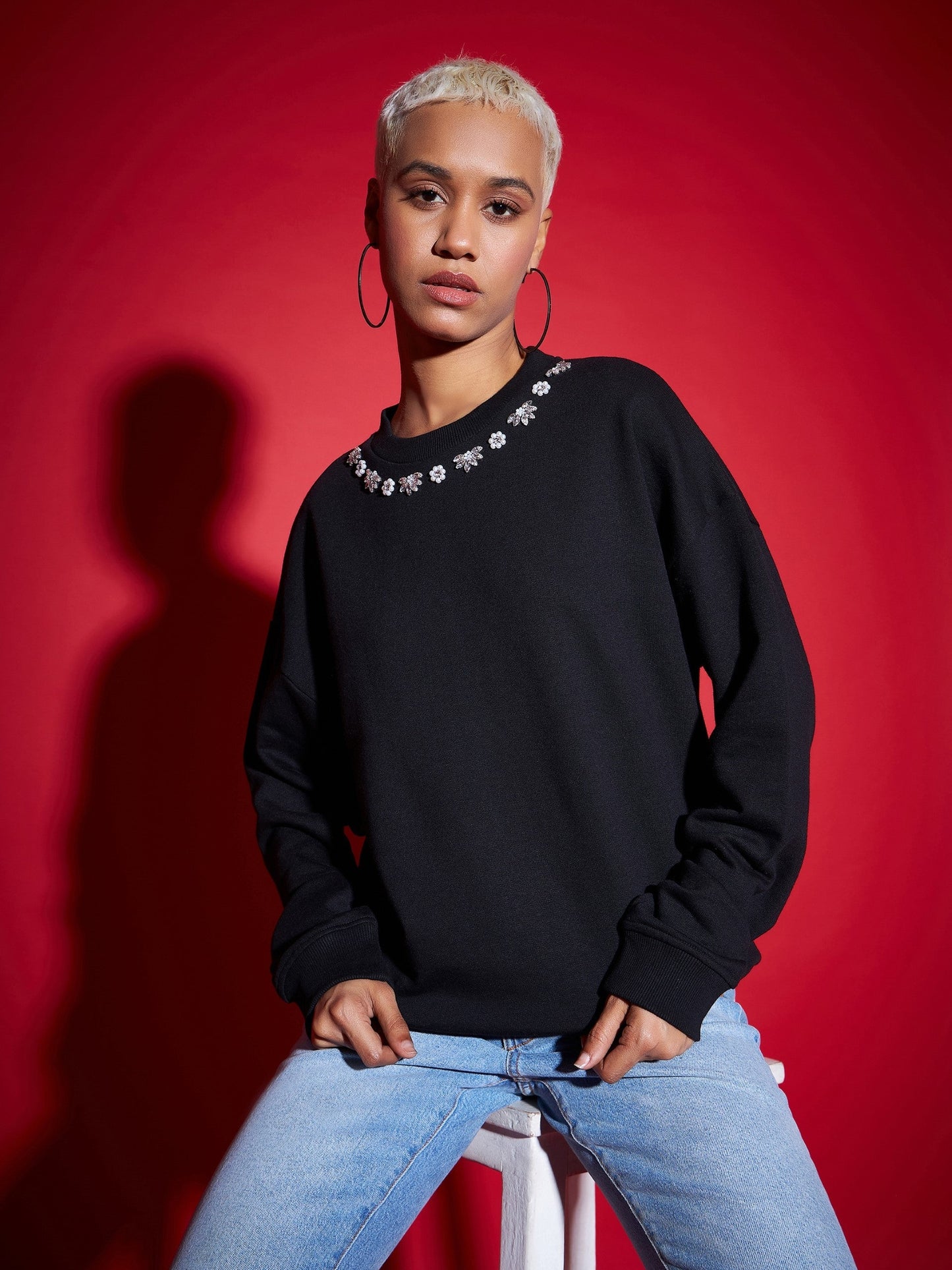 Black Terry Stud Pearl Oversized Sweatshirt