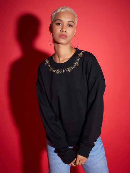 Black Terry Neck Embroidered Oversized Sweatshirt