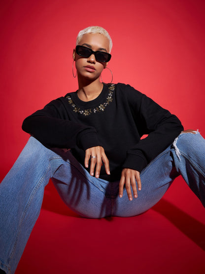 Black Terry Neck Embroidered Oversized Sweatshirt