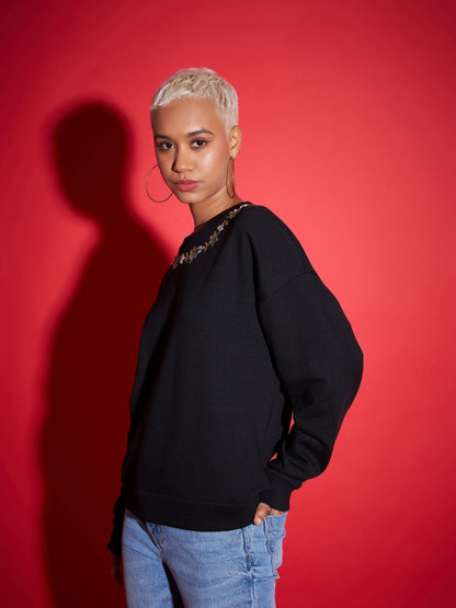Black Terry Neck Embroidered Oversized Sweatshirt
