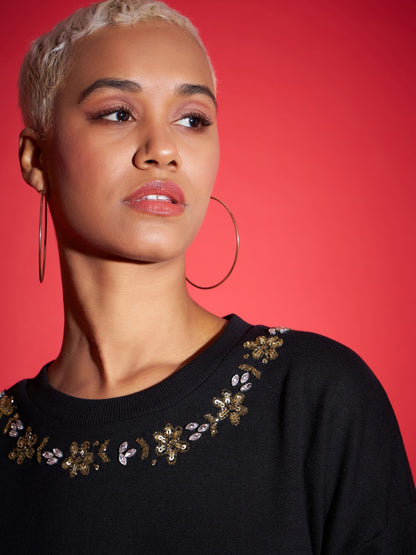 Black Terry Neck Embroidered Oversized Sweatshirt