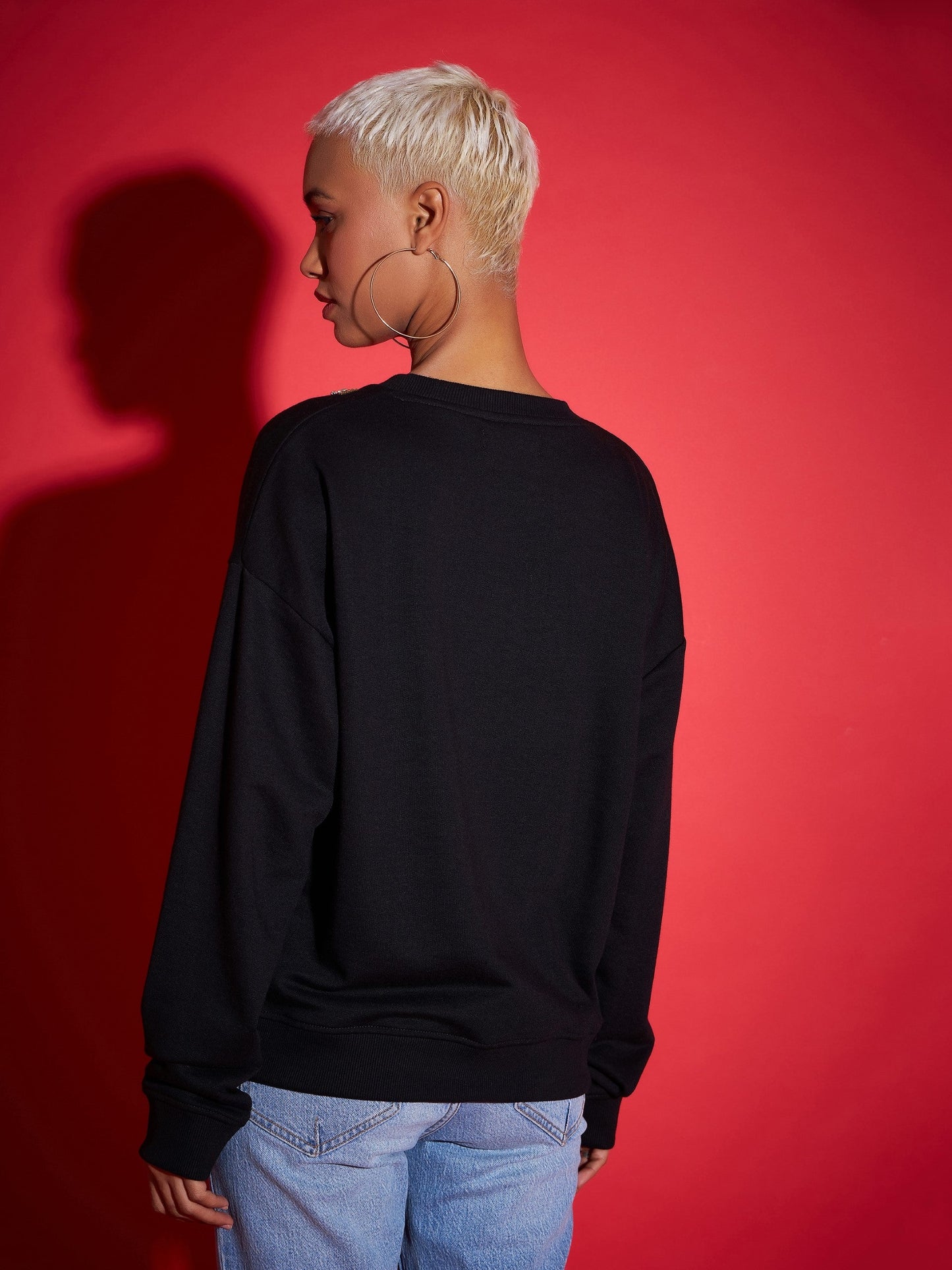 Black Terry Neck Embroidered Oversized Sweatshirt