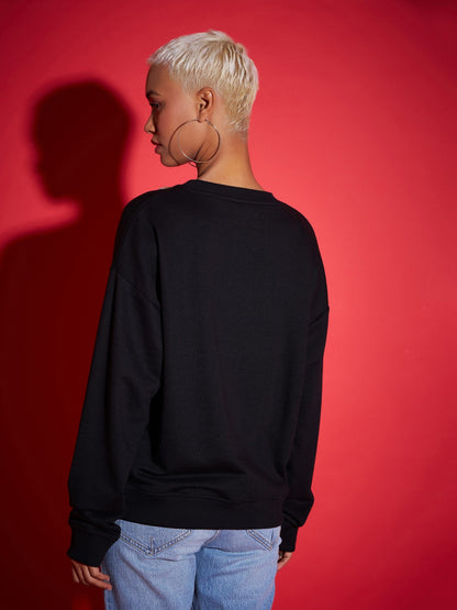 Black Terry Neck Embroidered Oversized Sweatshirt