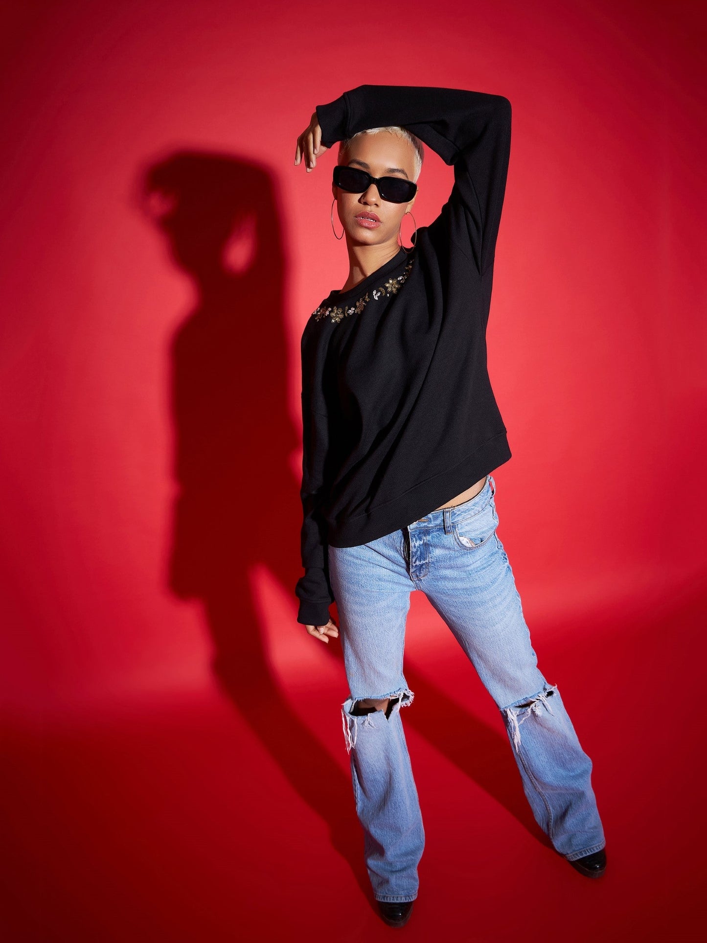 Black Terry Neck Embroidered Oversized Sweatshirt