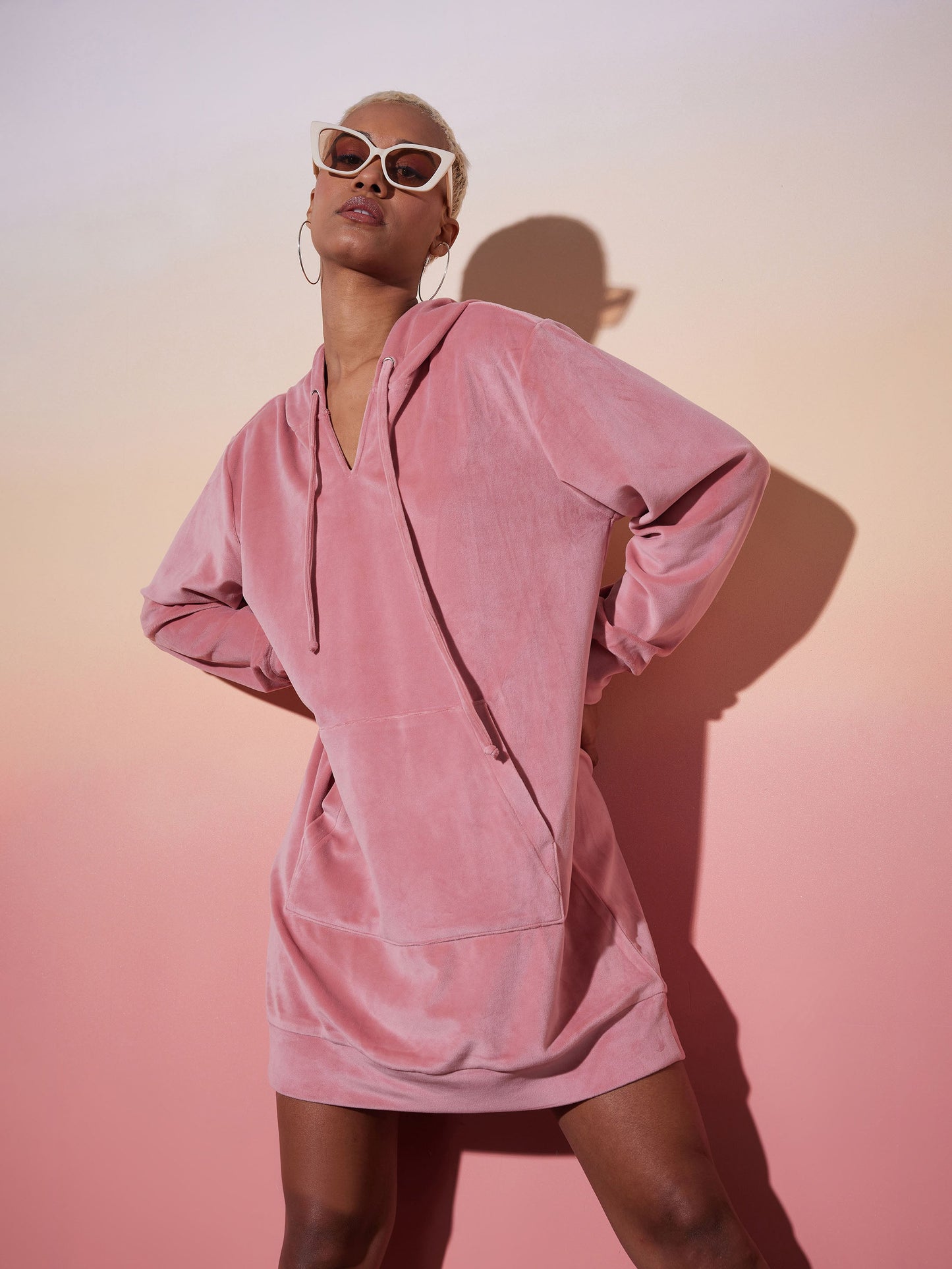 Pink Velour Solid Hoodie