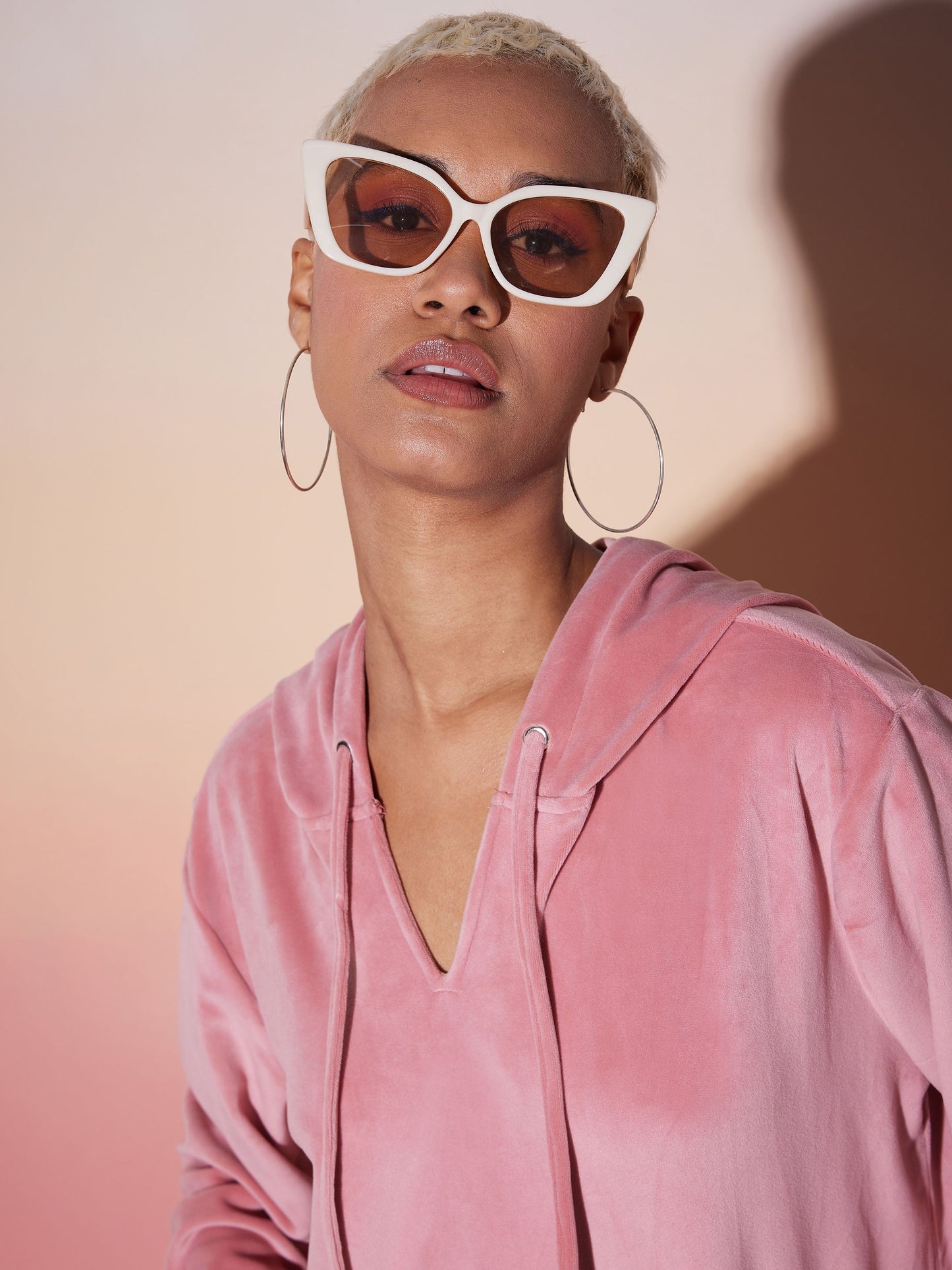 Pink Velour Solid Hoodie