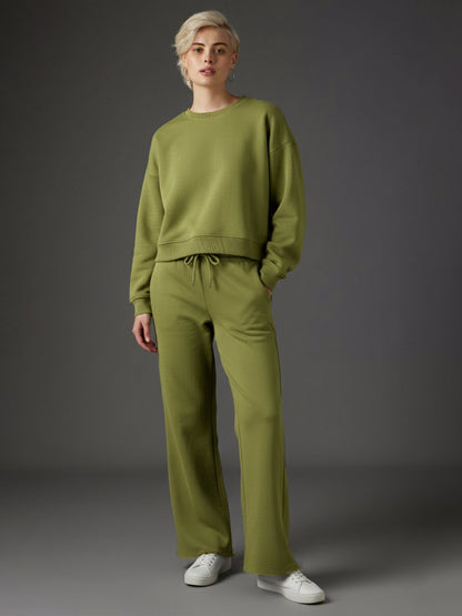 Women Olive Premium Fleece Sweatshirt With Track Pants