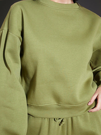 Women Olive Premium Fleece Sweatshirt With Track Pants