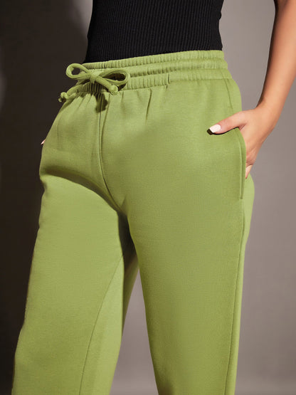 Women Olive Premium Fleece Sweatshirt With Track Pants