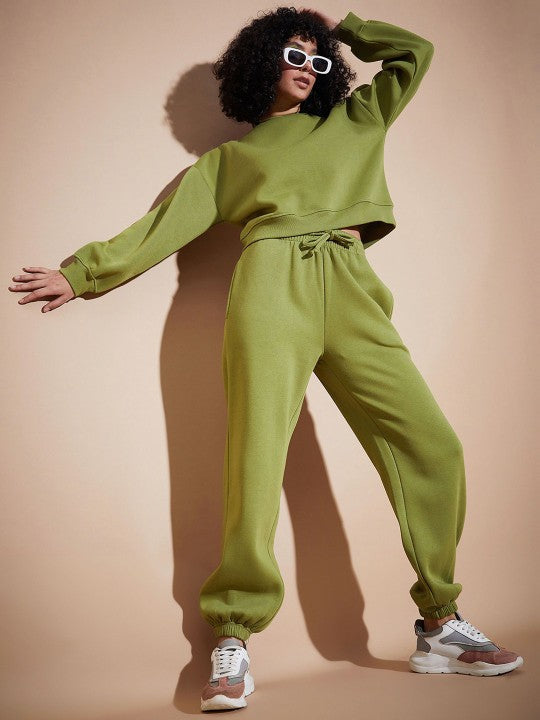 Women Olive Premium Fleece Oversized Sweatshirt With Joggers
