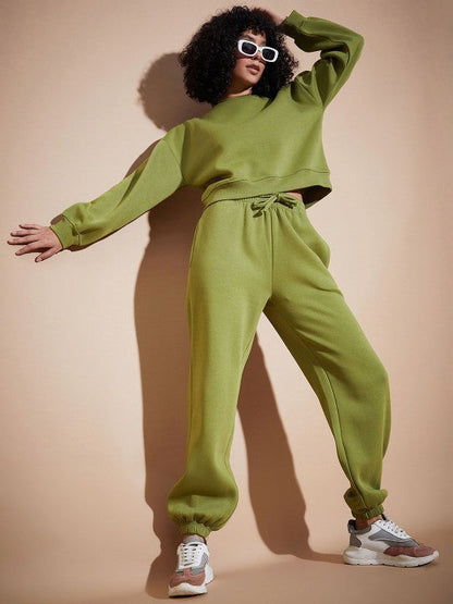 Women Olive Premium Fleece Oversized Sweatshirt With Joggers