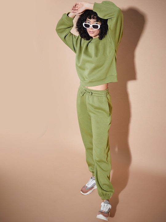 Women Olive Premium Fleece Oversized Sweatshirt With Joggers