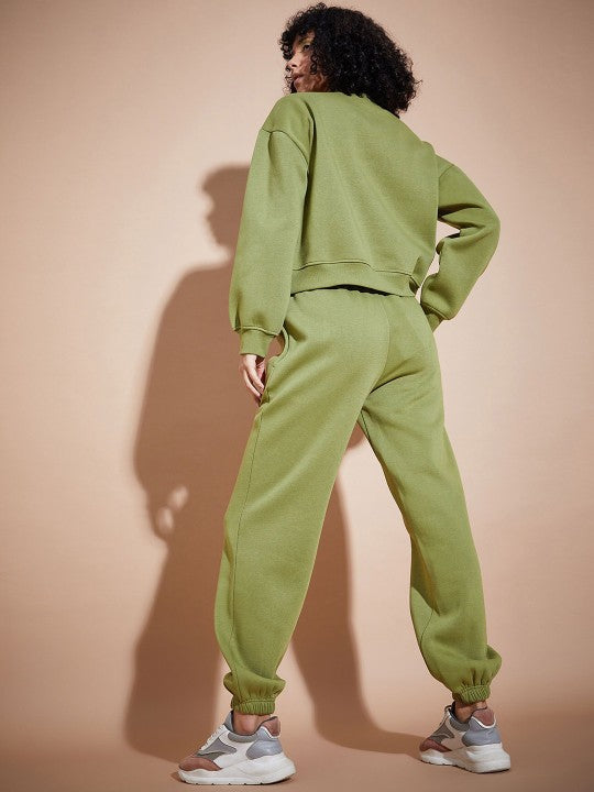Women Olive Premium Fleece Oversized Sweatshirt With Joggers