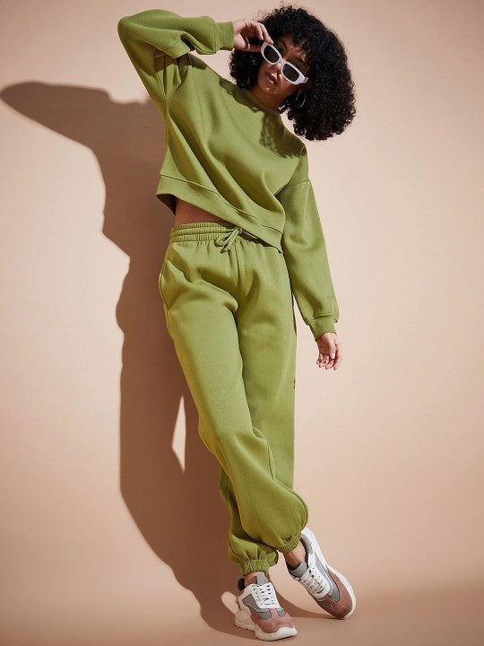 Women Olive Premium Fleece Oversized Sweatshirt With Joggers