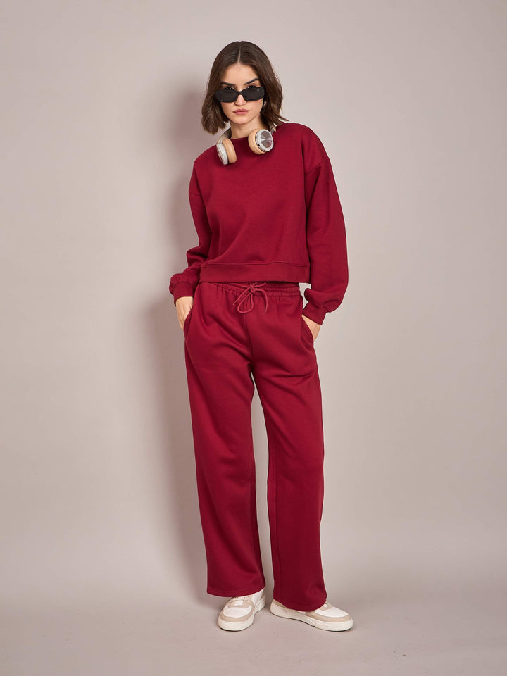 Women Maroon Premium Fleece Oversized Sweatshirt With Track Pant