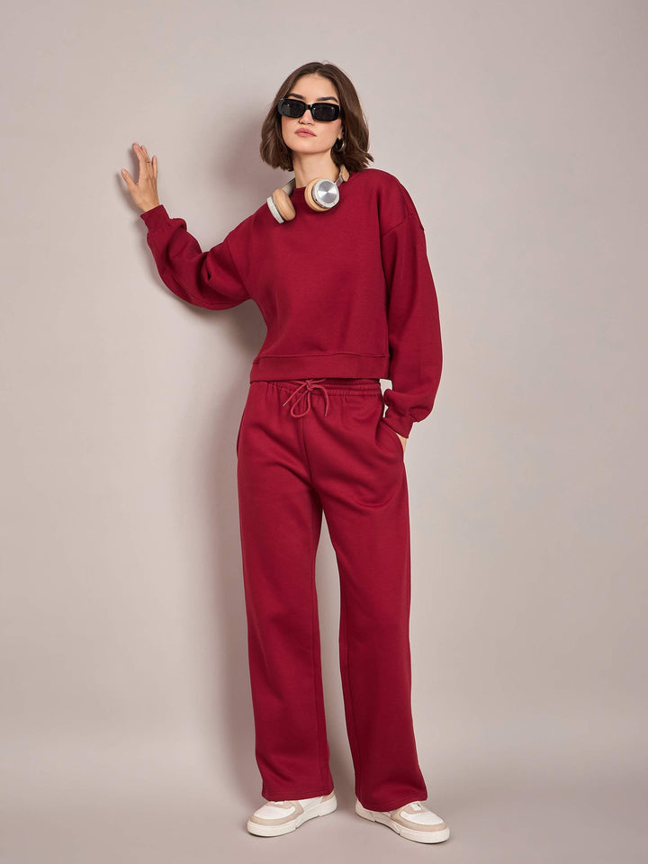 Women Maroon Premium Fleece Oversized Sweatshirt With Track Pant