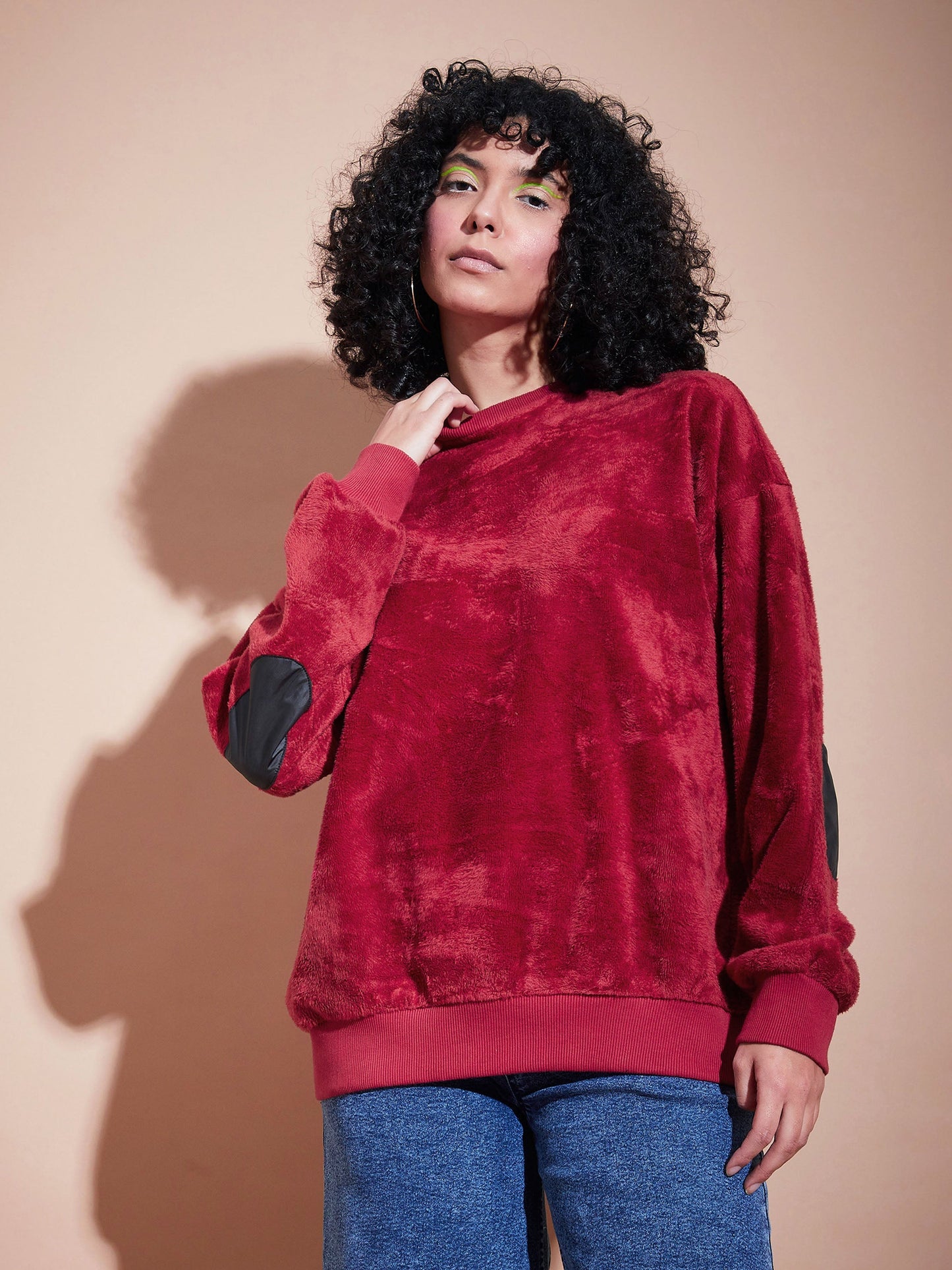 Maroon Elbow Patch Fur Round Neck Sweatshirt