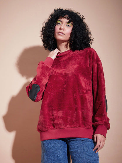 Maroon Elbow Patch Fur Round Neck Sweatshirt