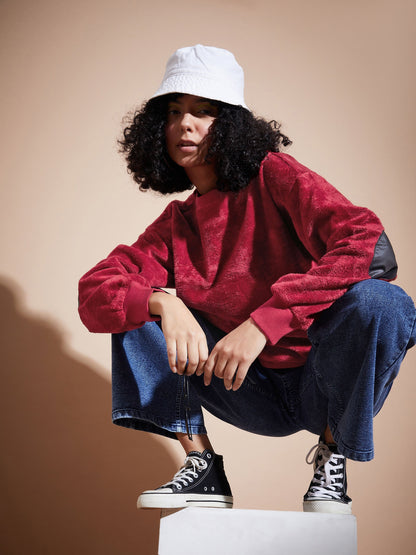 Maroon Elbow Patch Fur Round Neck Sweatshirt