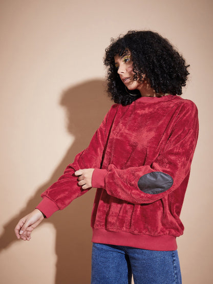 Maroon Elbow Patch Fur Round Neck Sweatshirt