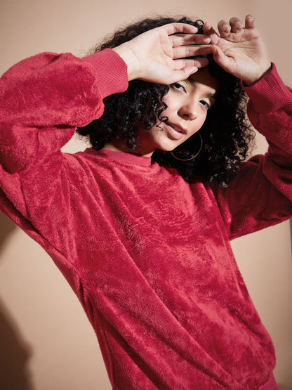Maroon Elbow Patch Fur Round Neck Sweatshirt