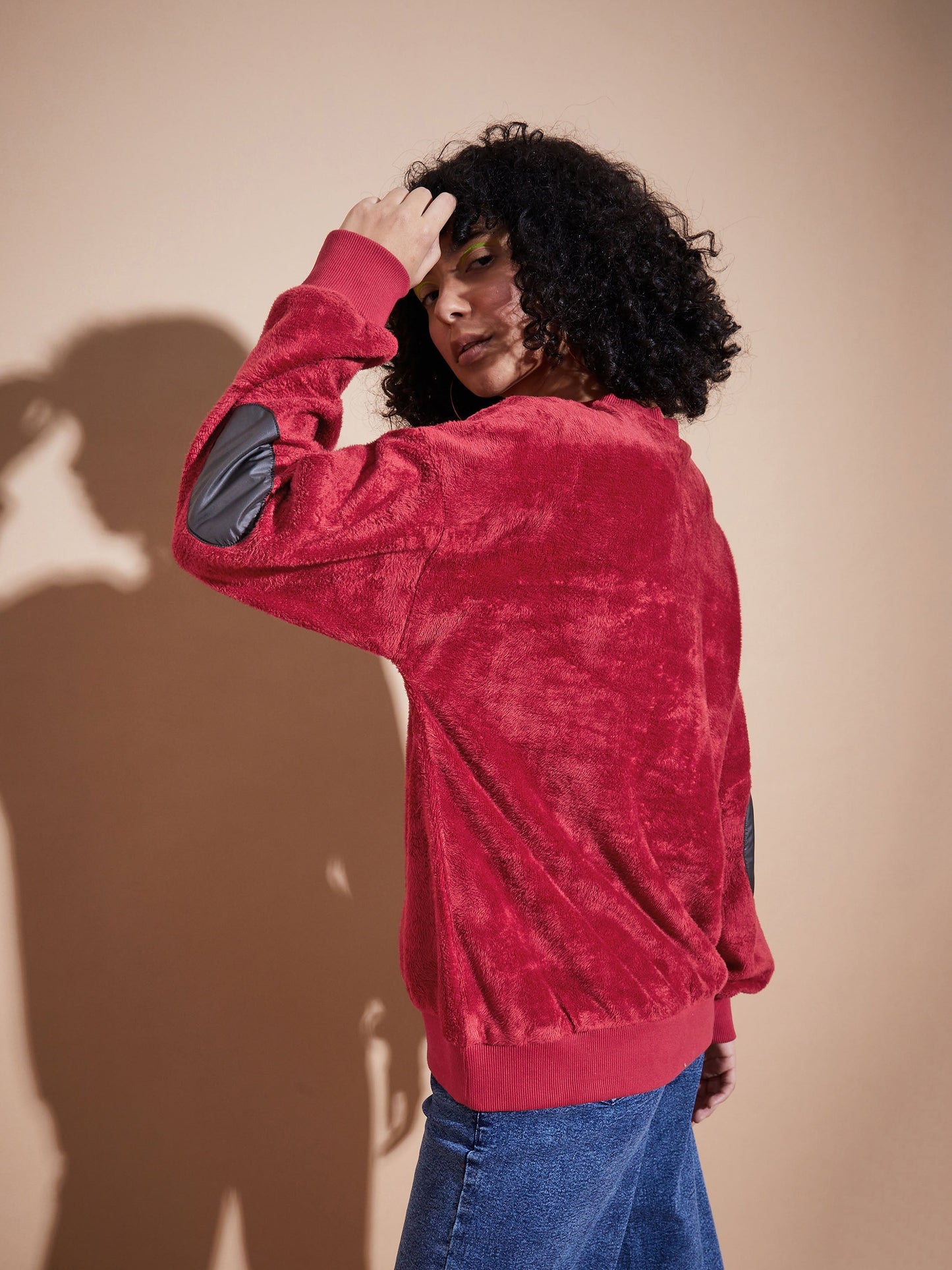 Maroon Elbow Patch Fur Round Neck Sweatshirt
