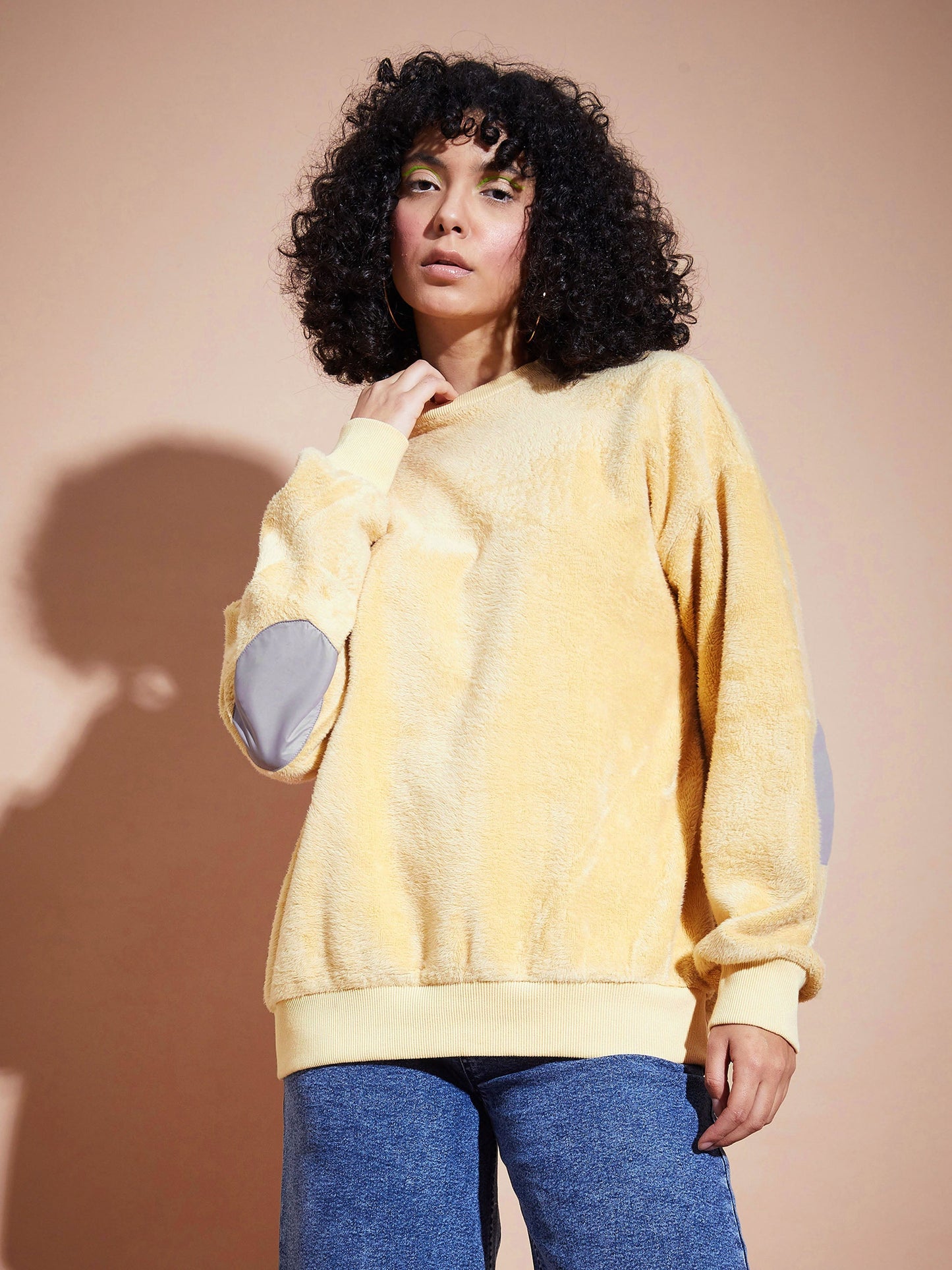 Fawn Elbow Patch Fur Round Neck Sweatshirt