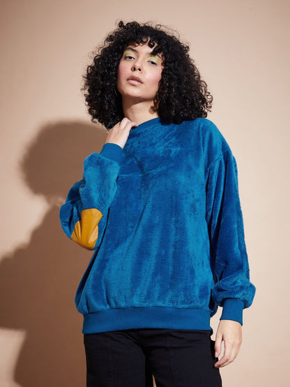 Blue Elbow Patch Fur Round Neck Sweatshirt