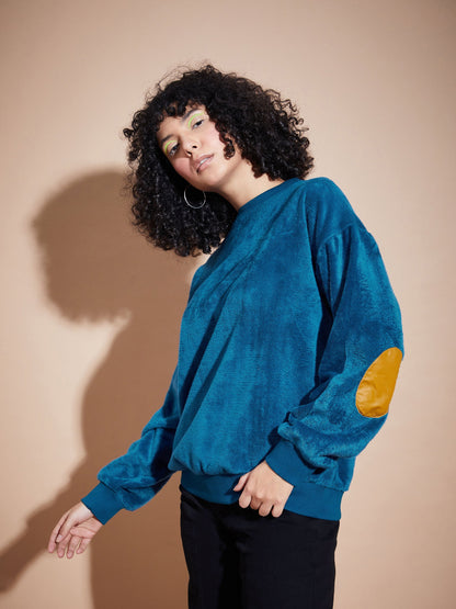 Blue Elbow Patch Fur Round Neck Sweatshirt