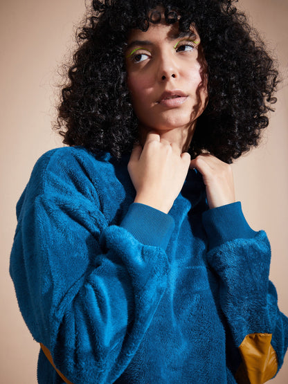 Blue Elbow Patch Fur Round Neck Sweatshirt