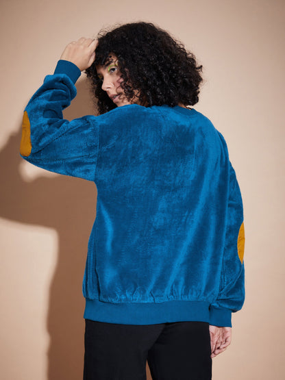 Blue Elbow Patch Fur Round Neck Sweatshirt