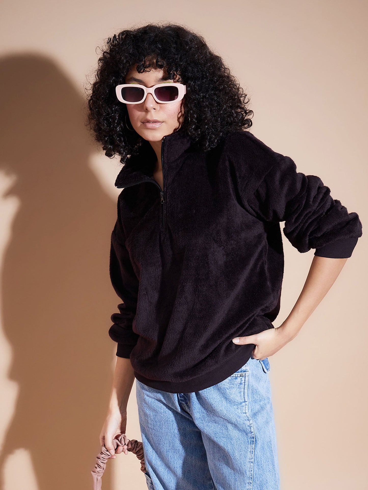 Black Front Zipper High Neck Sweatshirt
