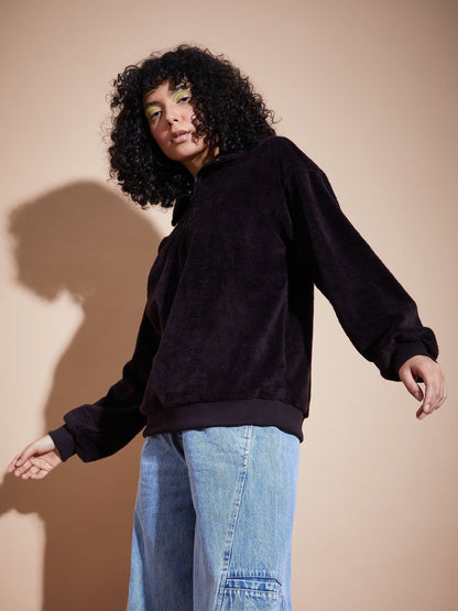 Black Front Zipper High Neck Sweatshirt