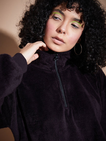 Black Front Zipper High Neck Sweatshirt