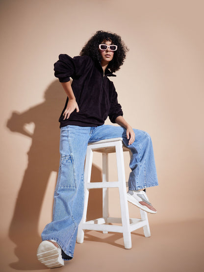 Black Front Zipper High Neck Sweatshirt
