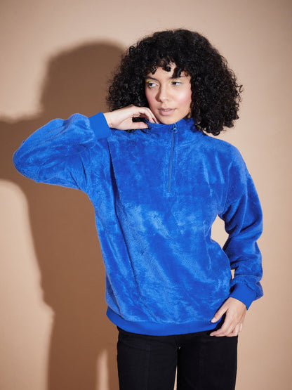 Royal Blue Front Zipper High Neck Sweatshirt