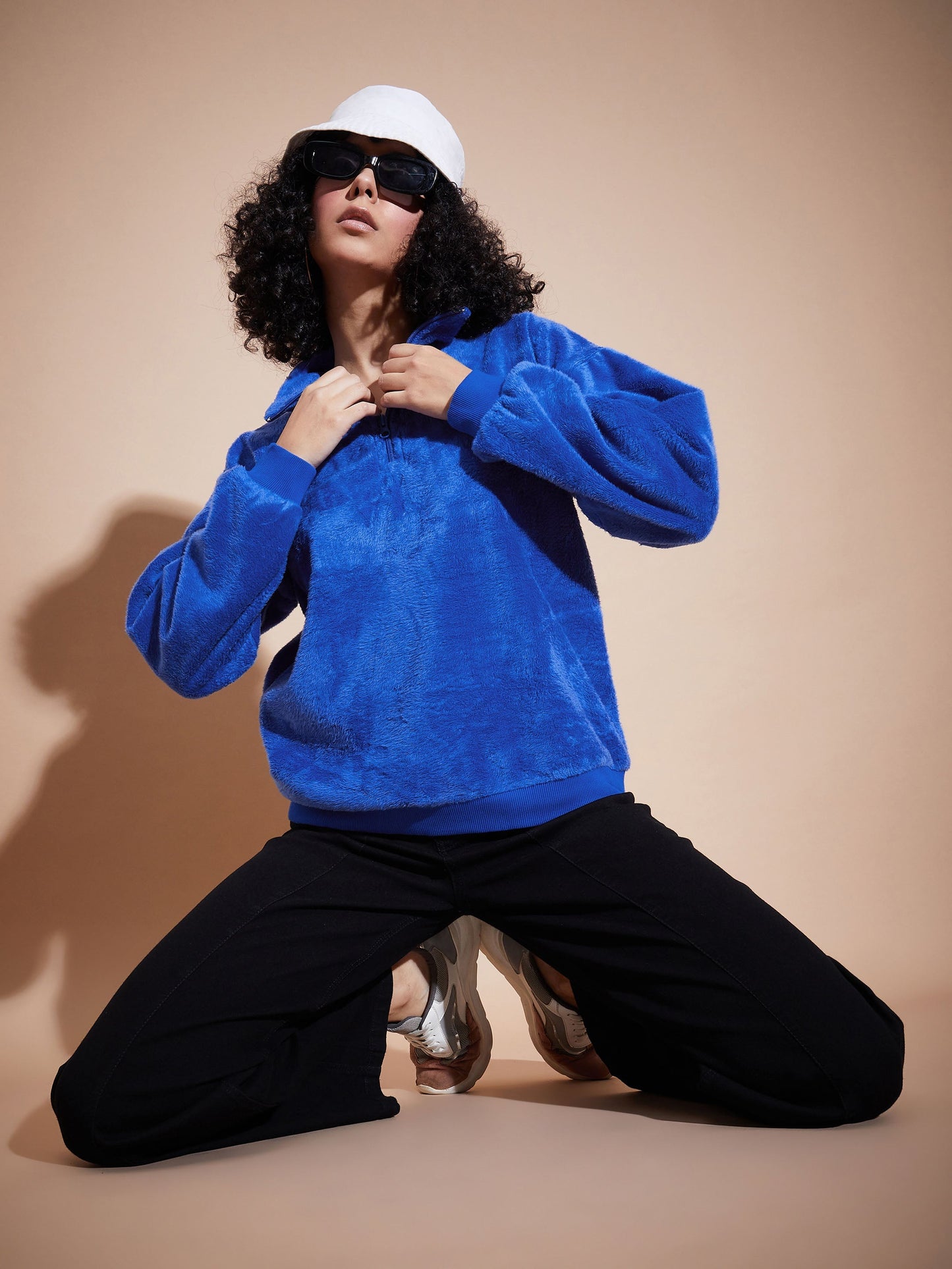 Royal Blue Front Zipper High Neck Sweatshirt