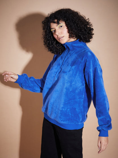 Royal Blue Front Zipper High Neck Sweatshirt