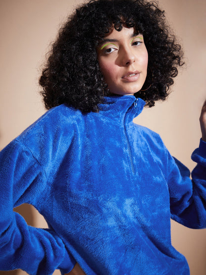 Royal Blue Front Zipper High Neck Sweatshirt