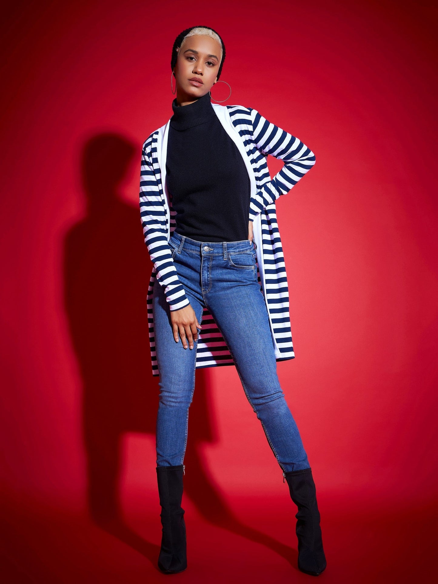 Navy & White Striped Front Open Sweater