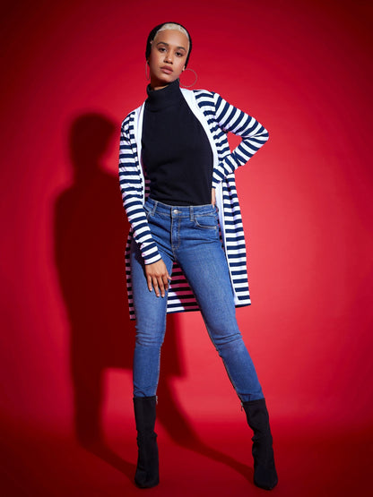 Navy & White Striped Front Open Sweater