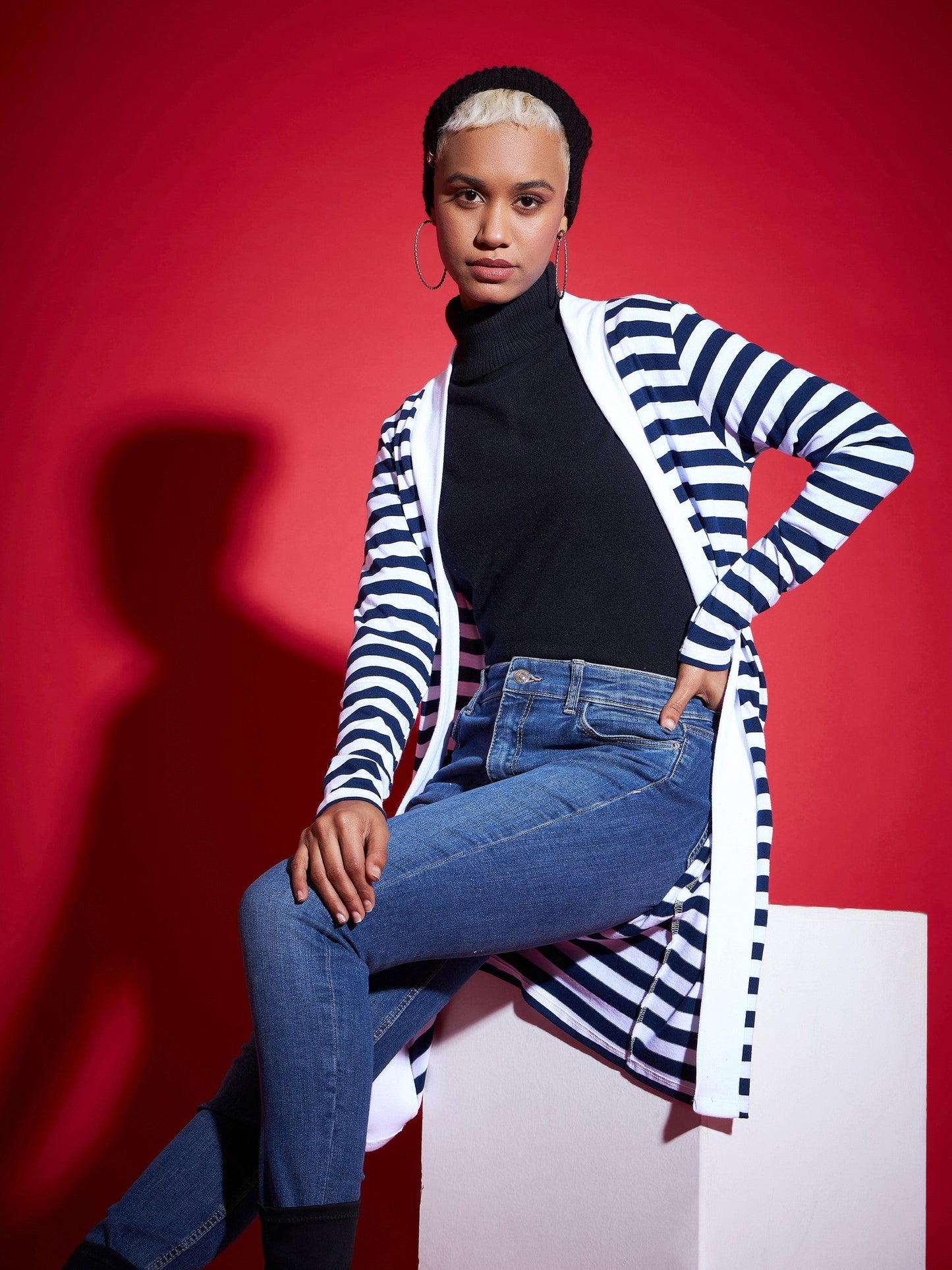 Navy & White Striped Front Open Sweater
