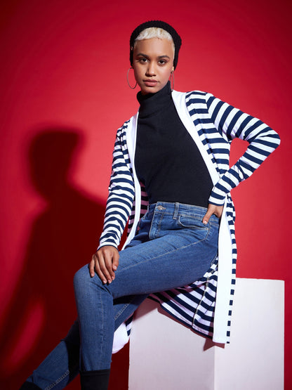 Navy & White Striped Front Open Sweater
